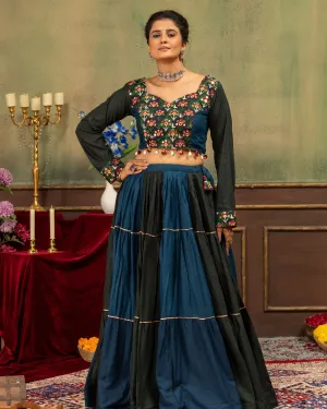 Embroidered Full Sleeve Crop Blouse with Tiered Panel Flared Lehenga Set