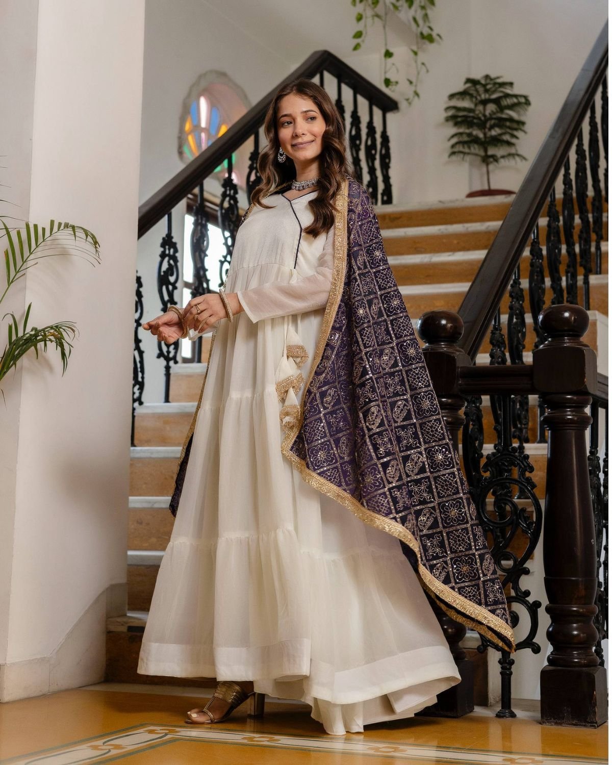 Tiered Flared Anarkali Gown with Printed Dupatta Set