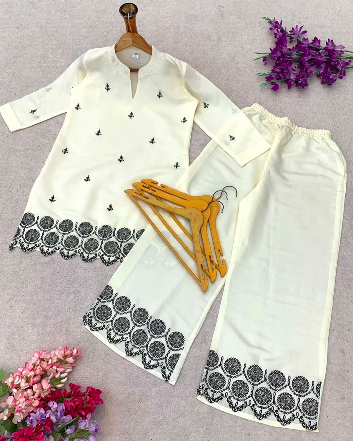 Embroidered Short Kurta with Cutwork Border Palazzo Pants Set