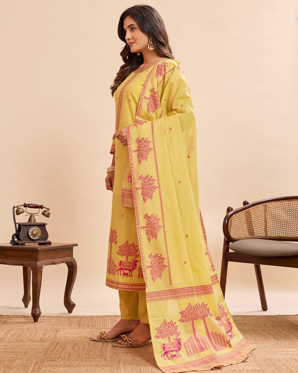 Pastel Yellow Ethnic Printed Salwar Suit Set – 3-Piece Cotton Suit