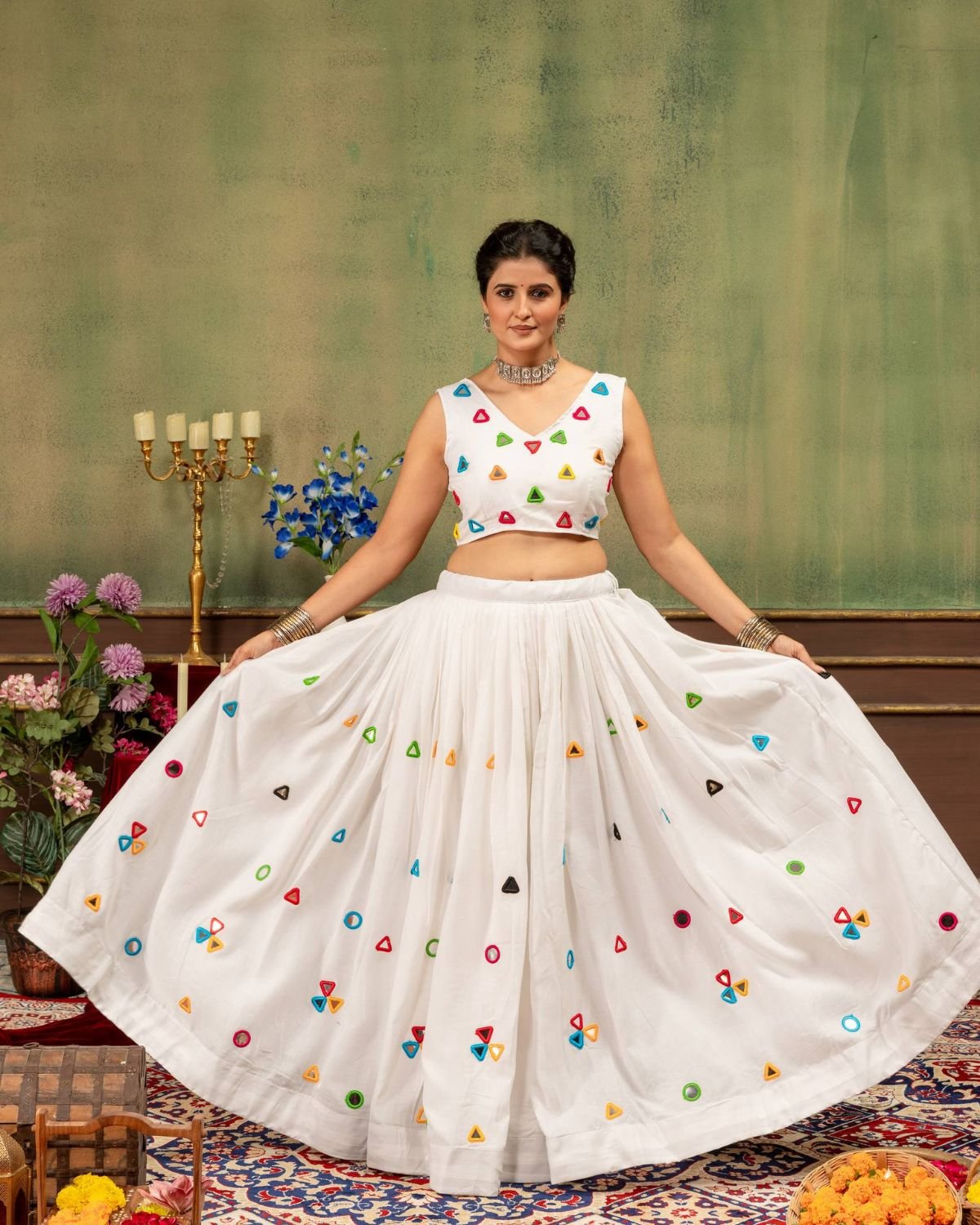 Embroidered Patchwork Jacket with Crop Top and Flared Lehenga Set
