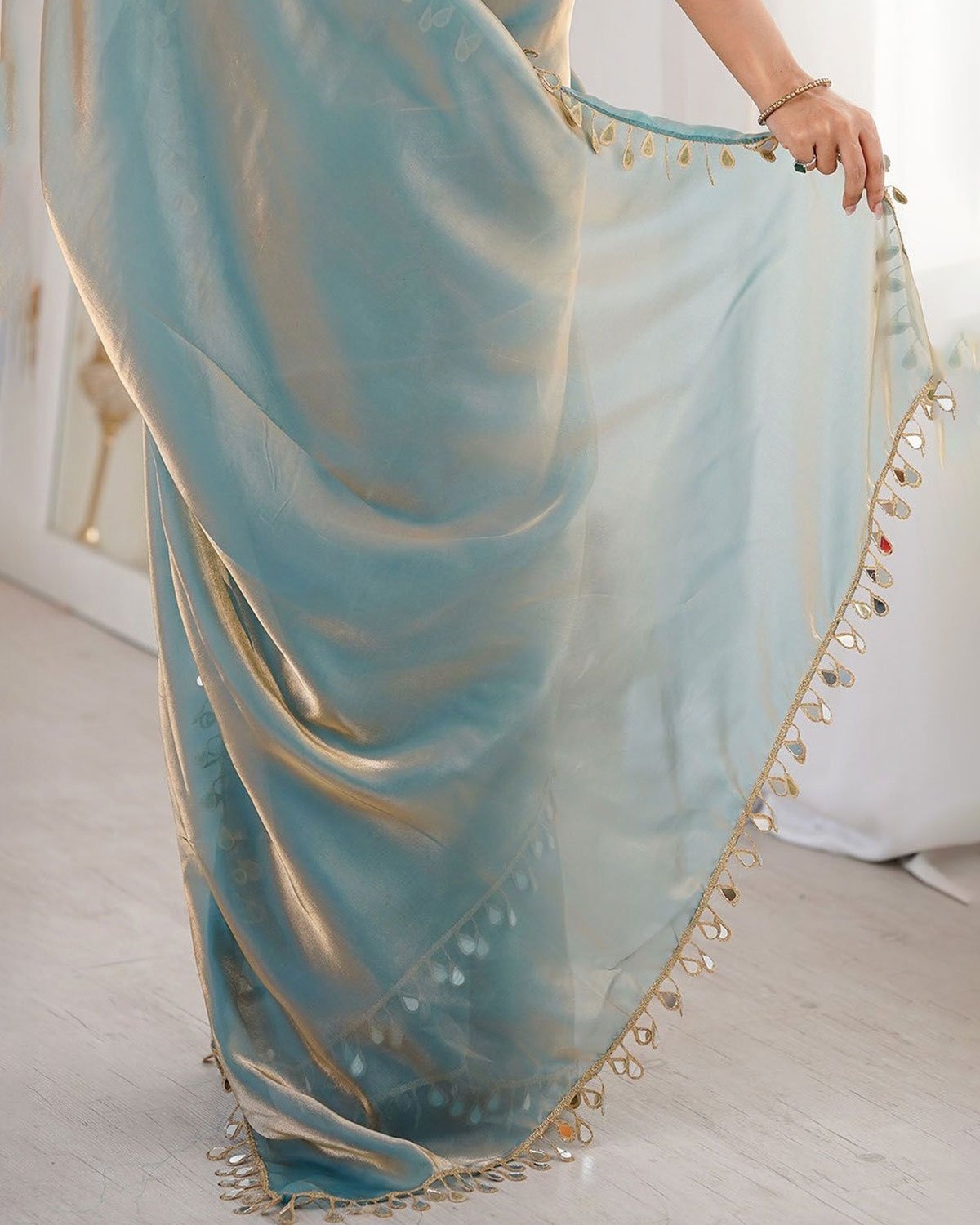 Women's Metallic Shimmer Organza Saree with Mirror Work Border and Matching Blouse Piece