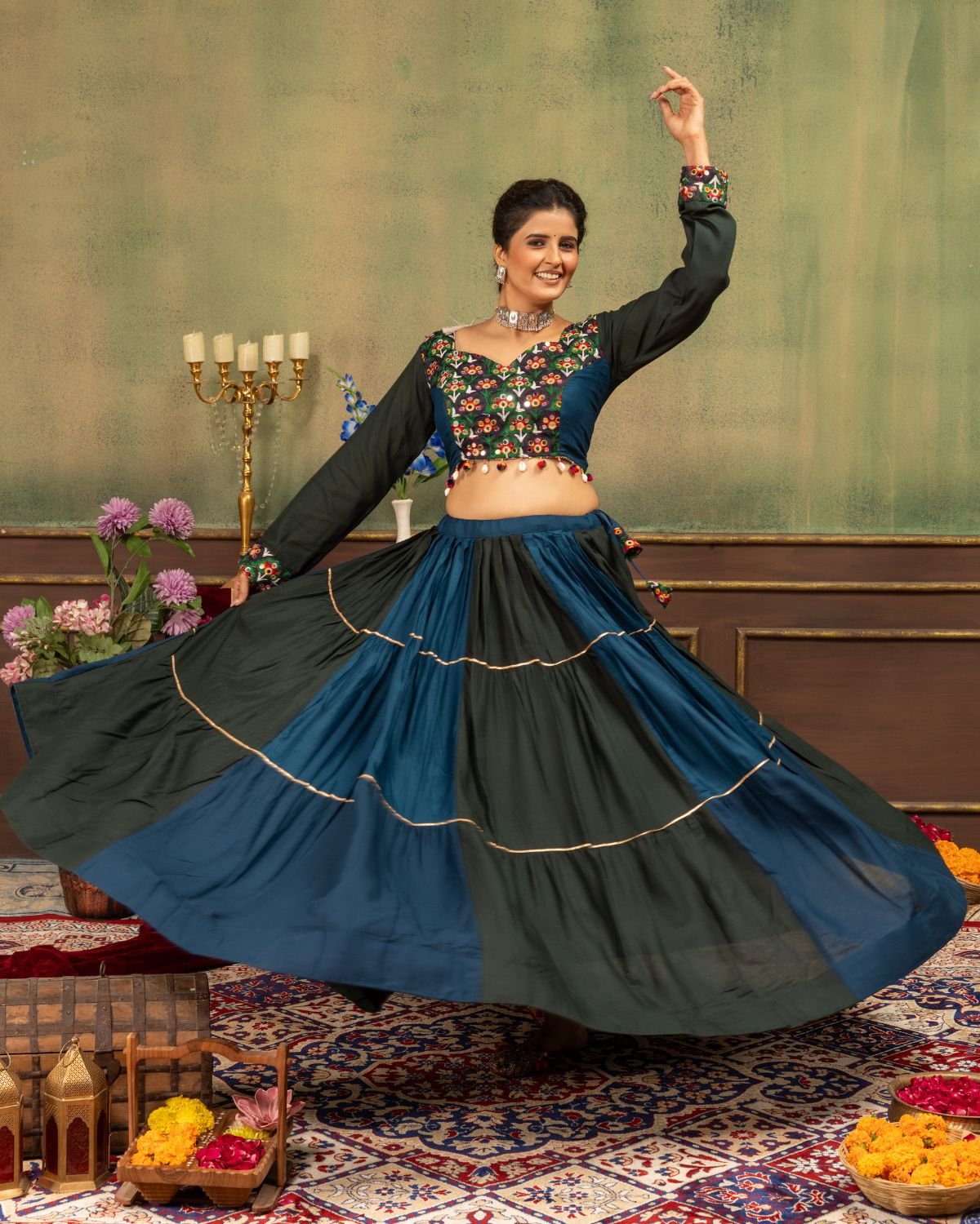 Embroidered Full Sleeve Crop Blouse with Tiered Panel Flared Lehenga Set