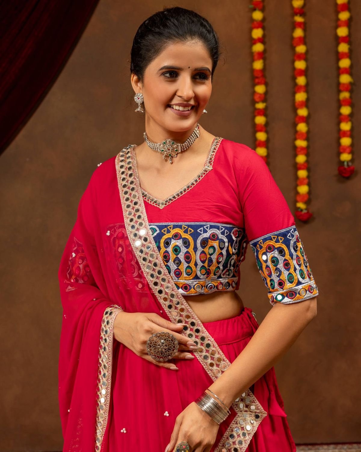 Embroidered Mirror Work Chaniya Choli Set with Bandhani Flare & Dupatta