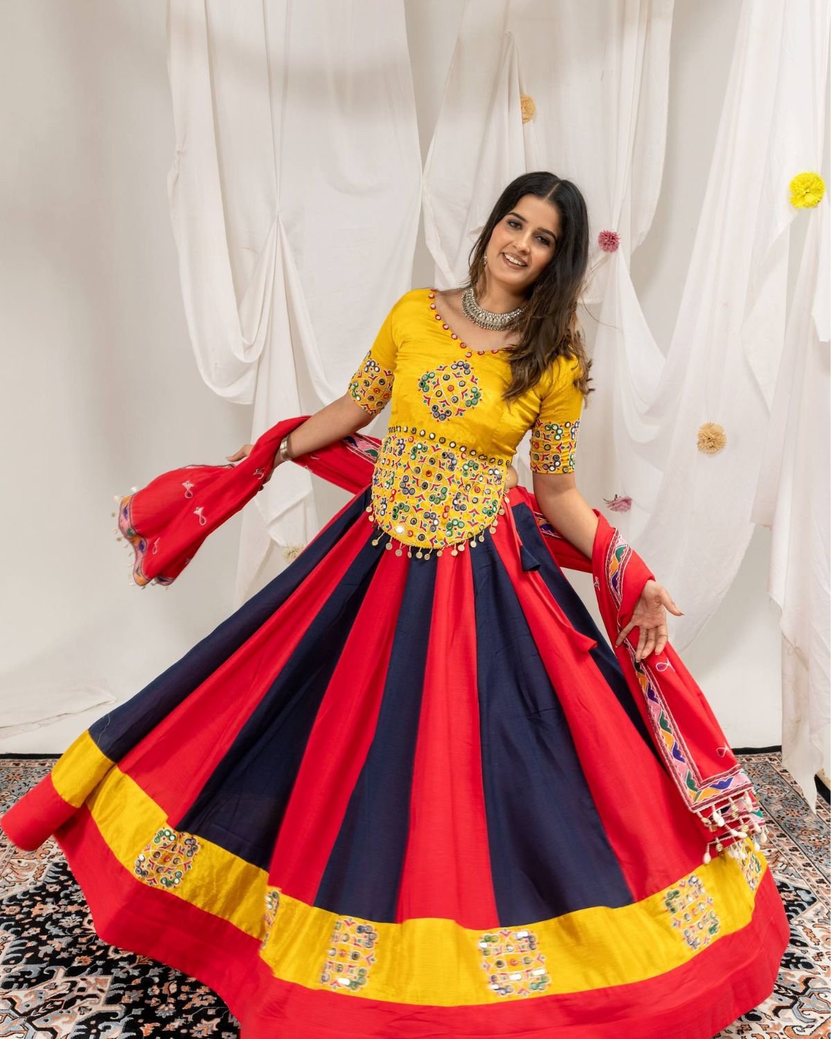 Traditional Mirror Work Fitted Top with Color-Blocked Flared Lehenga & Dupatta Set