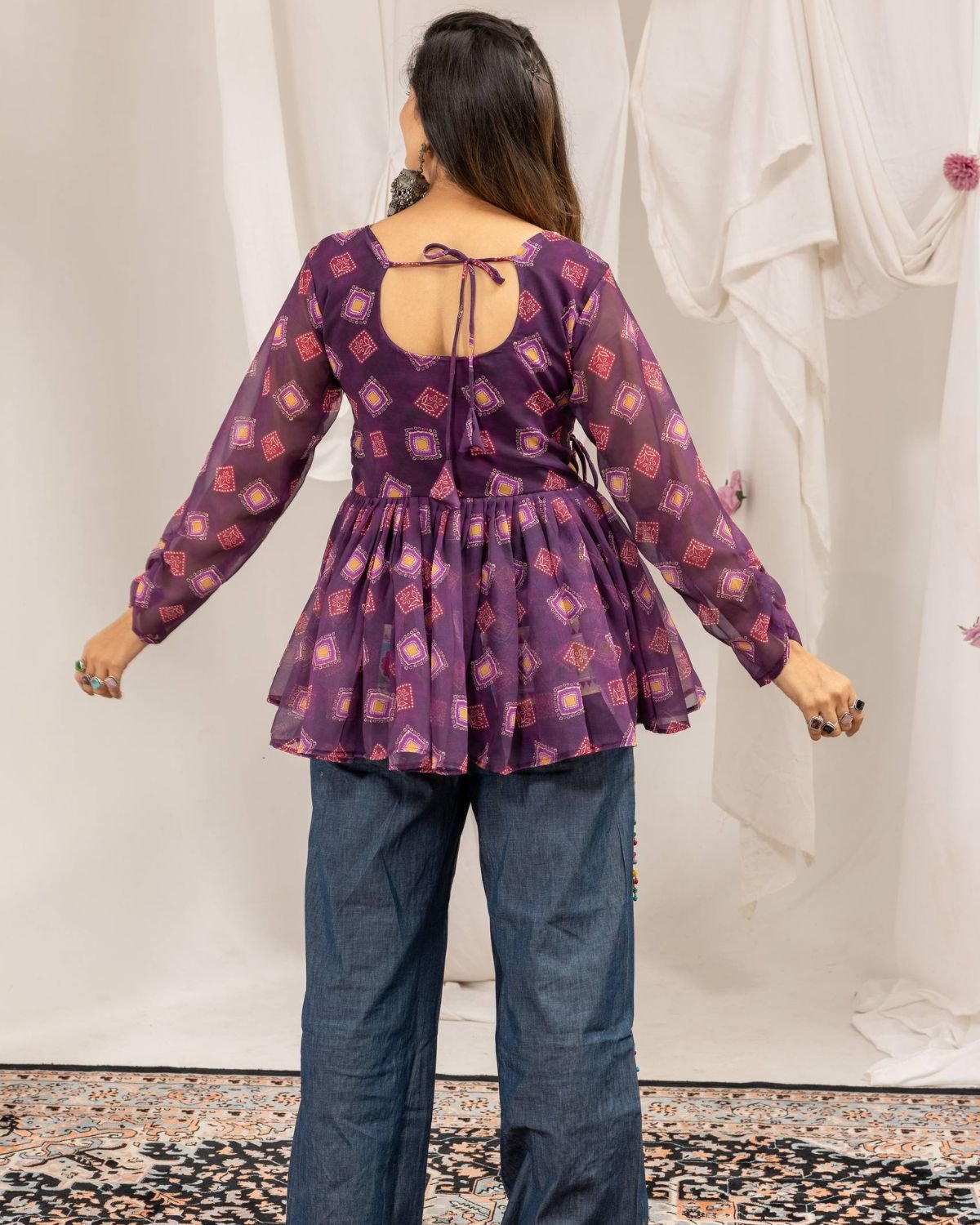 Angrakha Peplum Tunic with Embroidered Patchwork Denim Pants Set