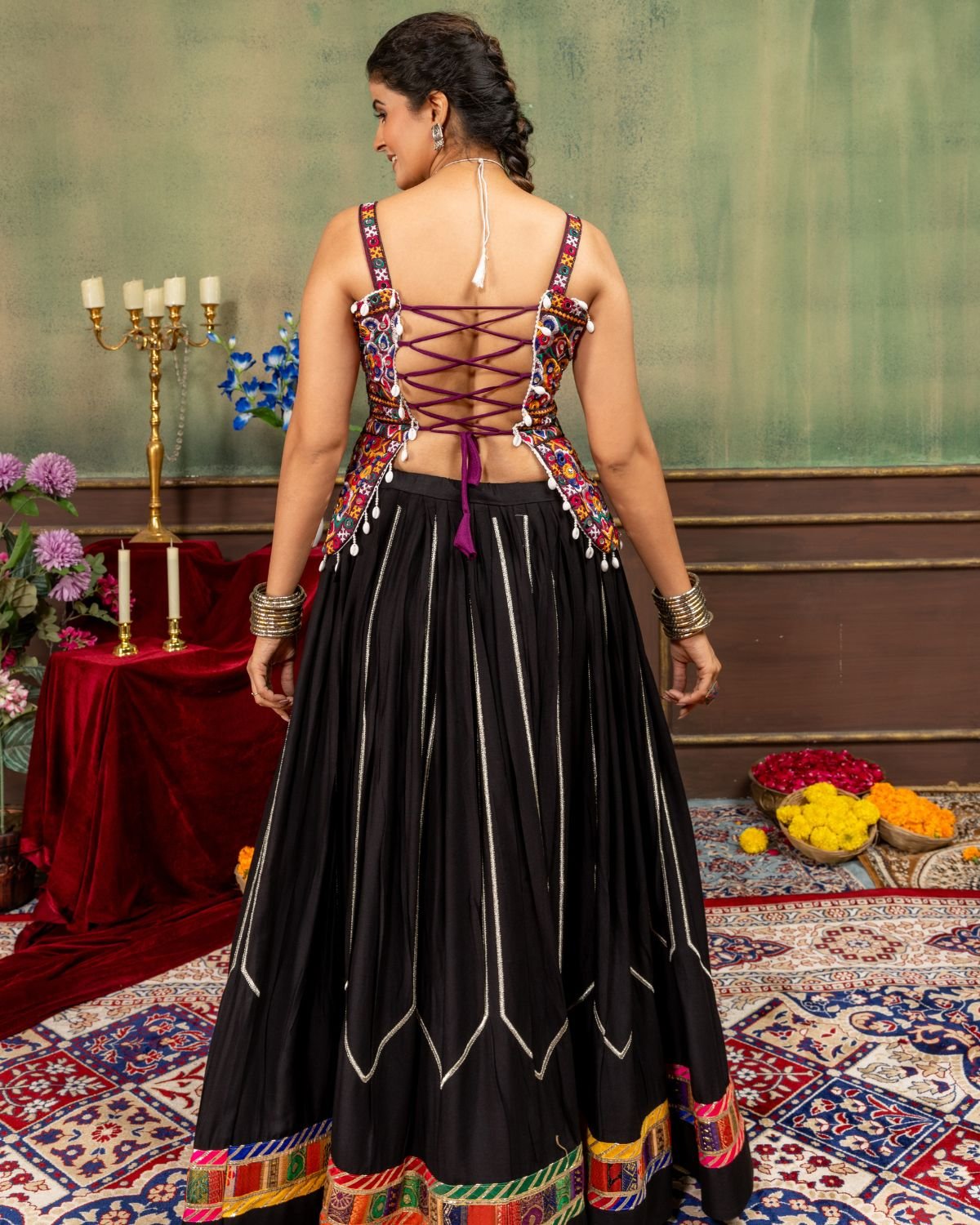 Traditional Kutchi Mirror Work Sleeveless Top with Pleated Flared Lehenga Set
