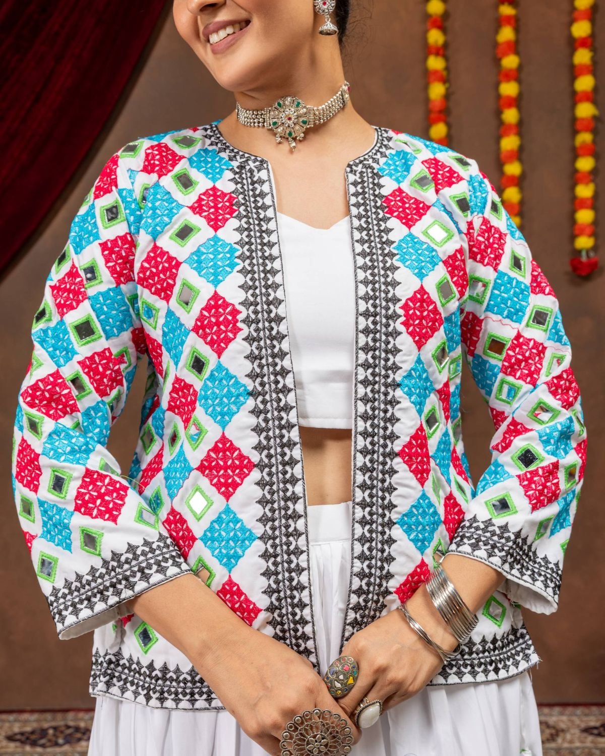 Traditional Embroidered 3-Piece Skirt Set with Crop Top and Jacket