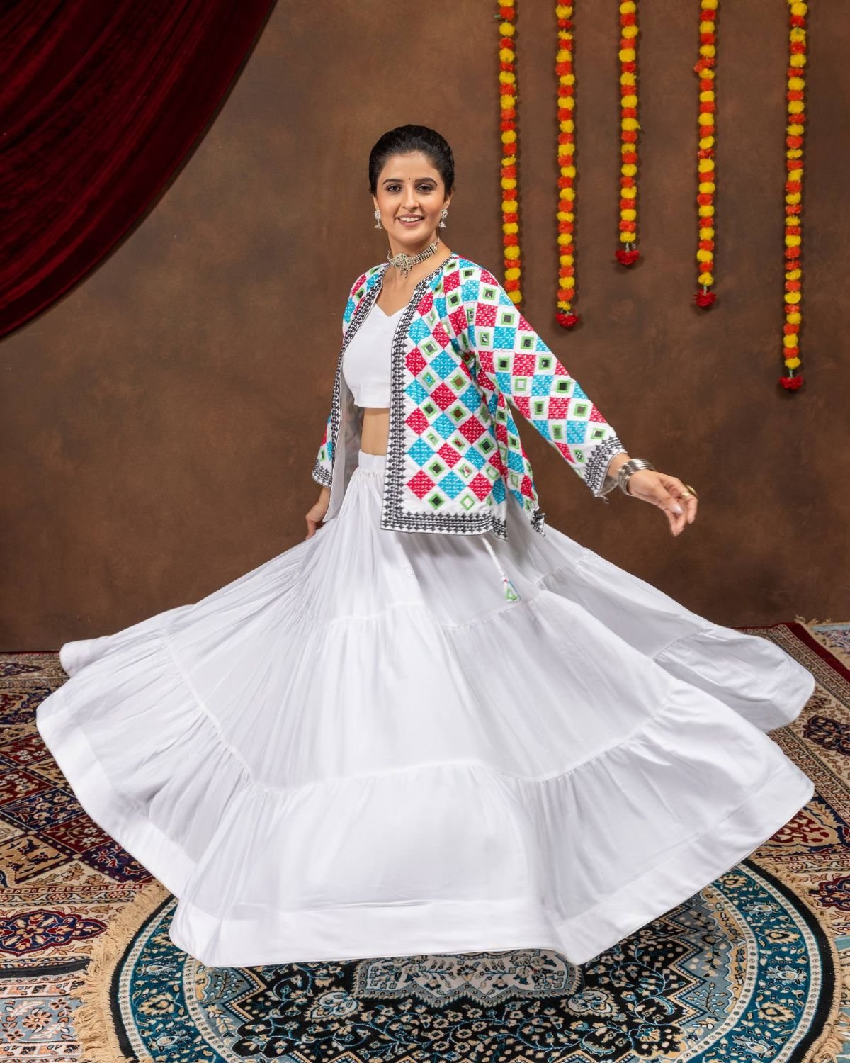 Traditional Embroidered 3-Piece Skirt Set with Crop Top and Jacket