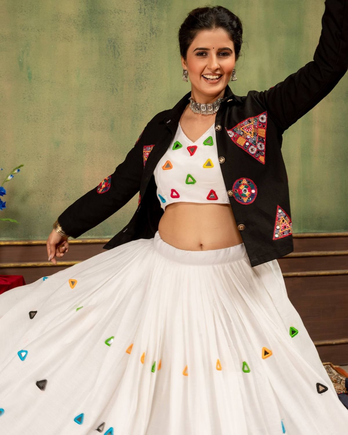 Embroidered Patchwork Jacket with Crop Top and Flared Lehenga Set