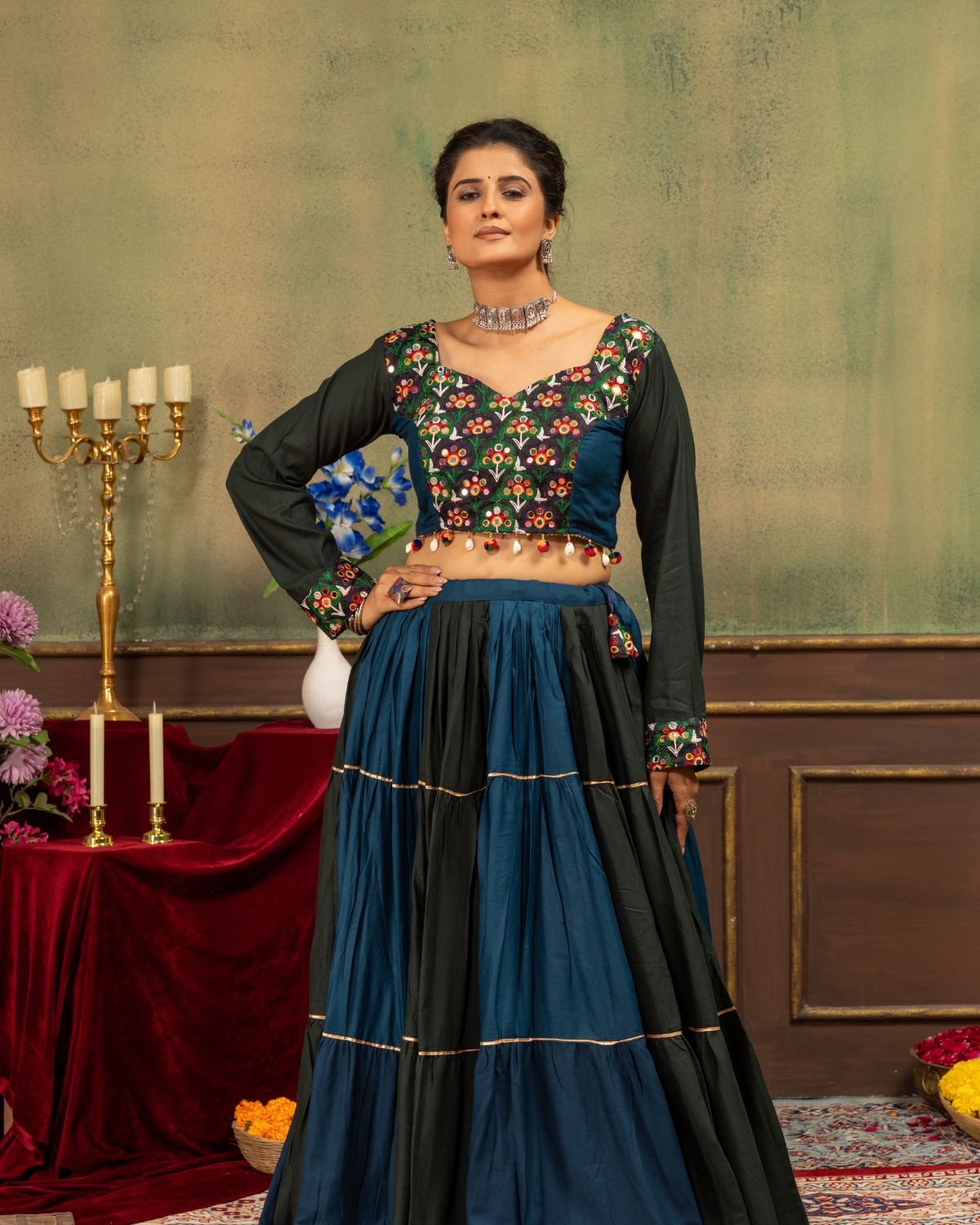 Embroidered Full Sleeve Crop Blouse with Tiered Panel Flared Lehenga Set