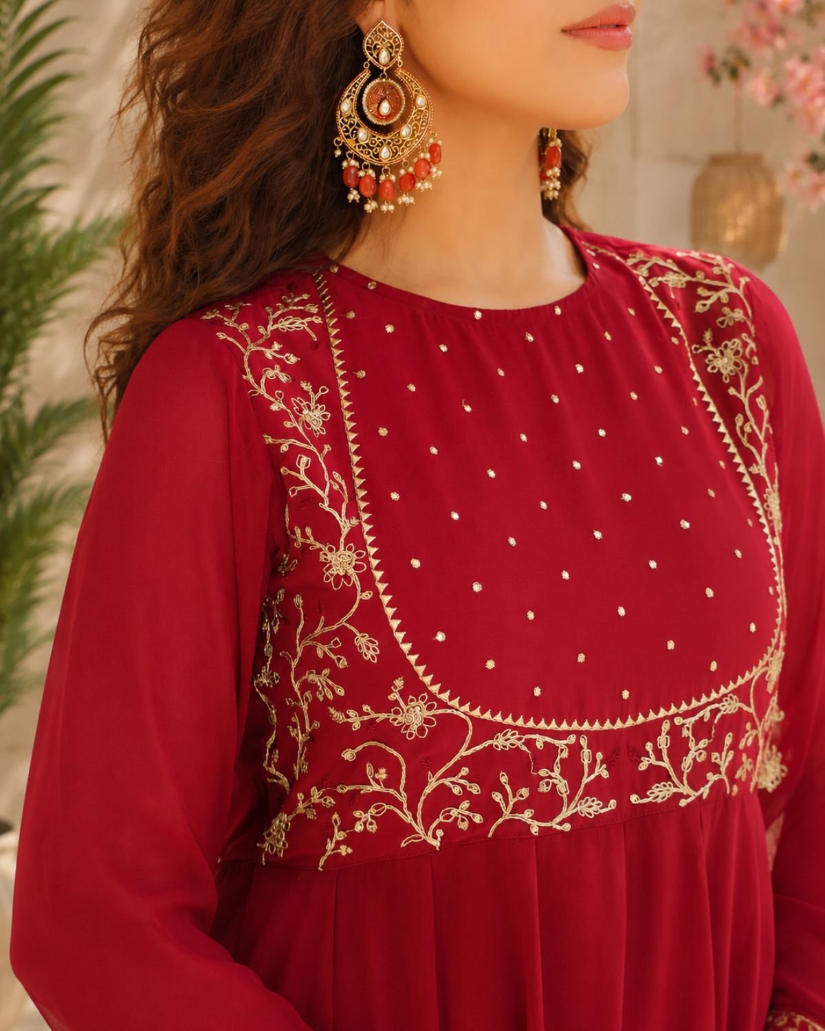 Embellished Yoke Flared Anarkali Suit Set with Matching Bottoms & Dupatta