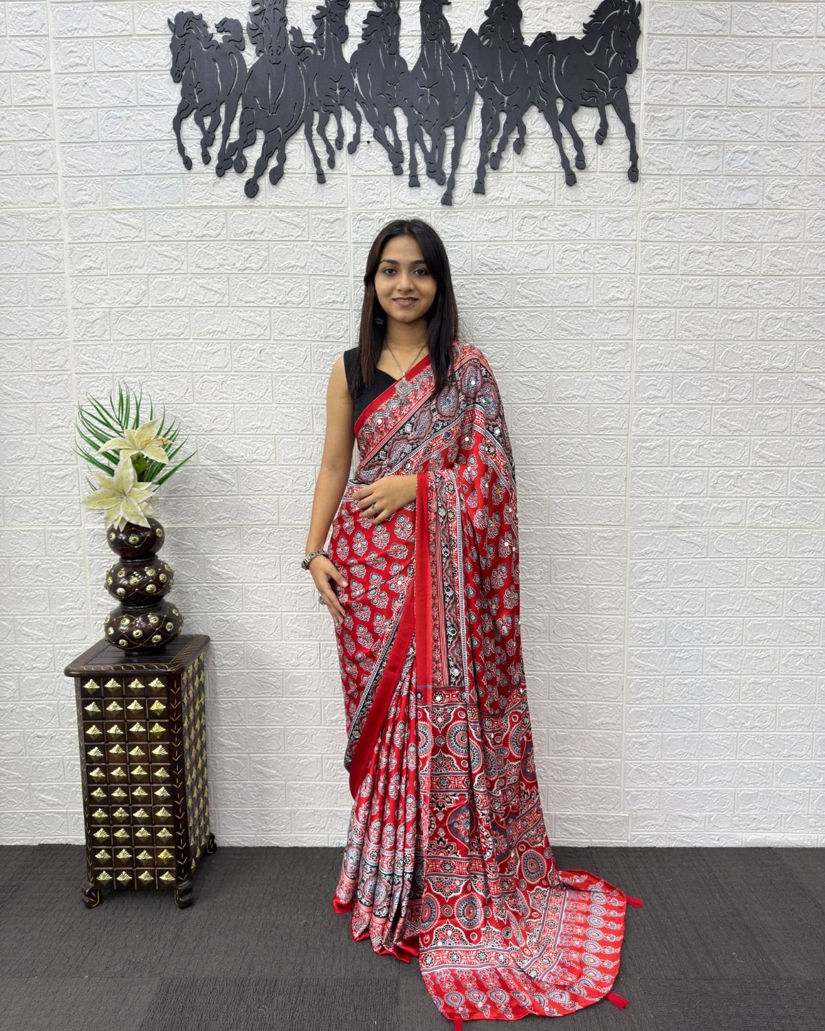Block Printed Georgette Saree with Mirror Work Pallu and Tassel Accents